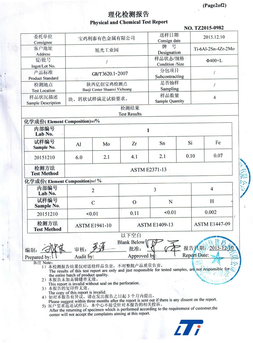 鈦合金質量檢測報告